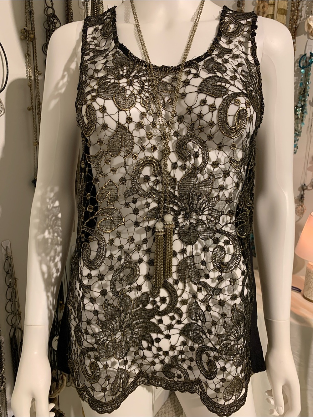 Love Tree Black Lace Tank with Gold Threading with necklace